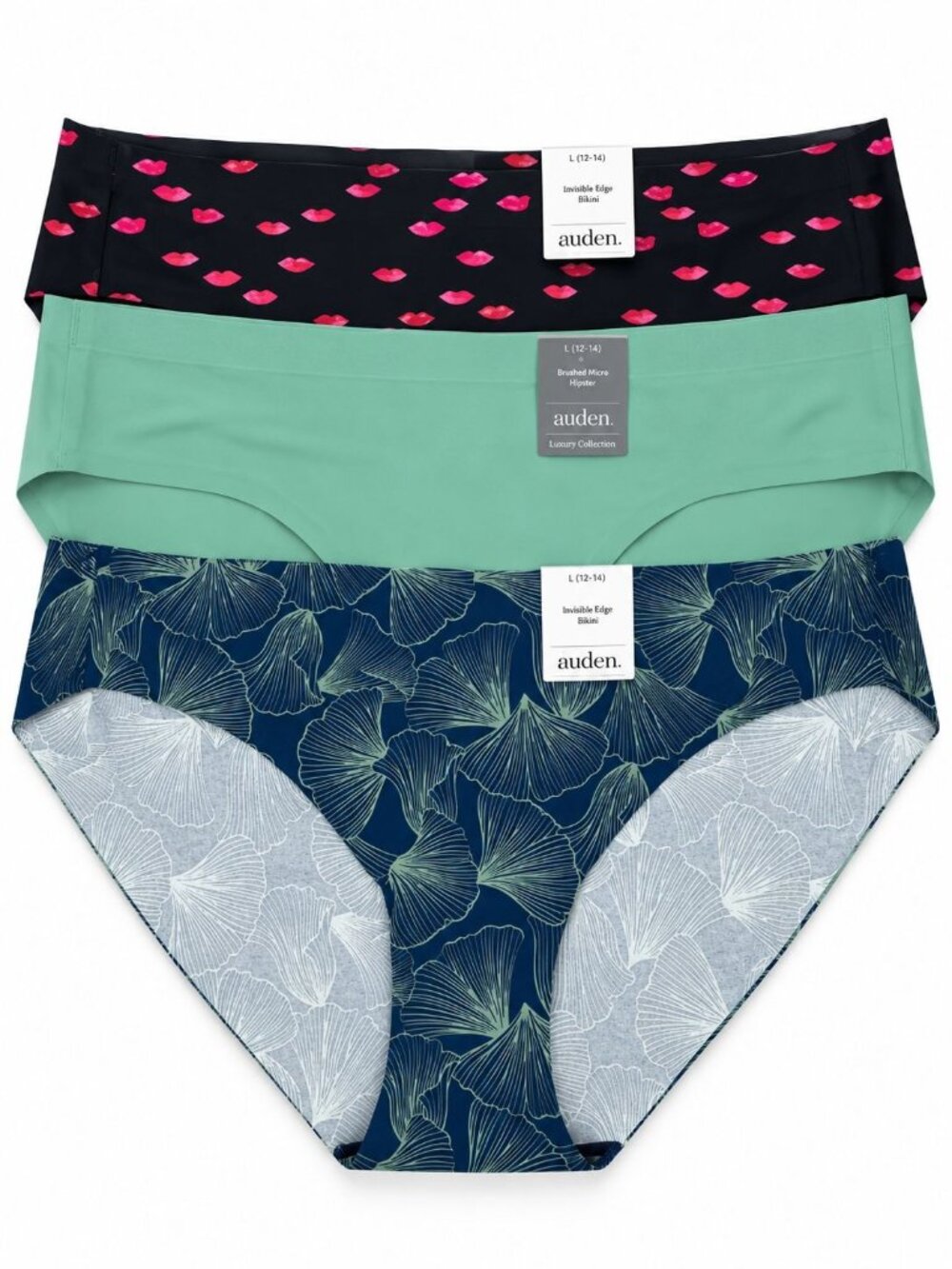Auden Large (12-14) No-Show Bikini Panties 3-Pack Black Lips Green Blue